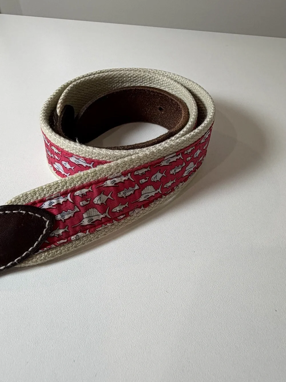 Vineyard Vines Size 32 Red Fish Patterned Canvas Belt with Brown Leather Trim